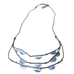 NWT J Jill Silver Disc Beaded Multi-Layer Adjustable Black Cord Necklace Boho